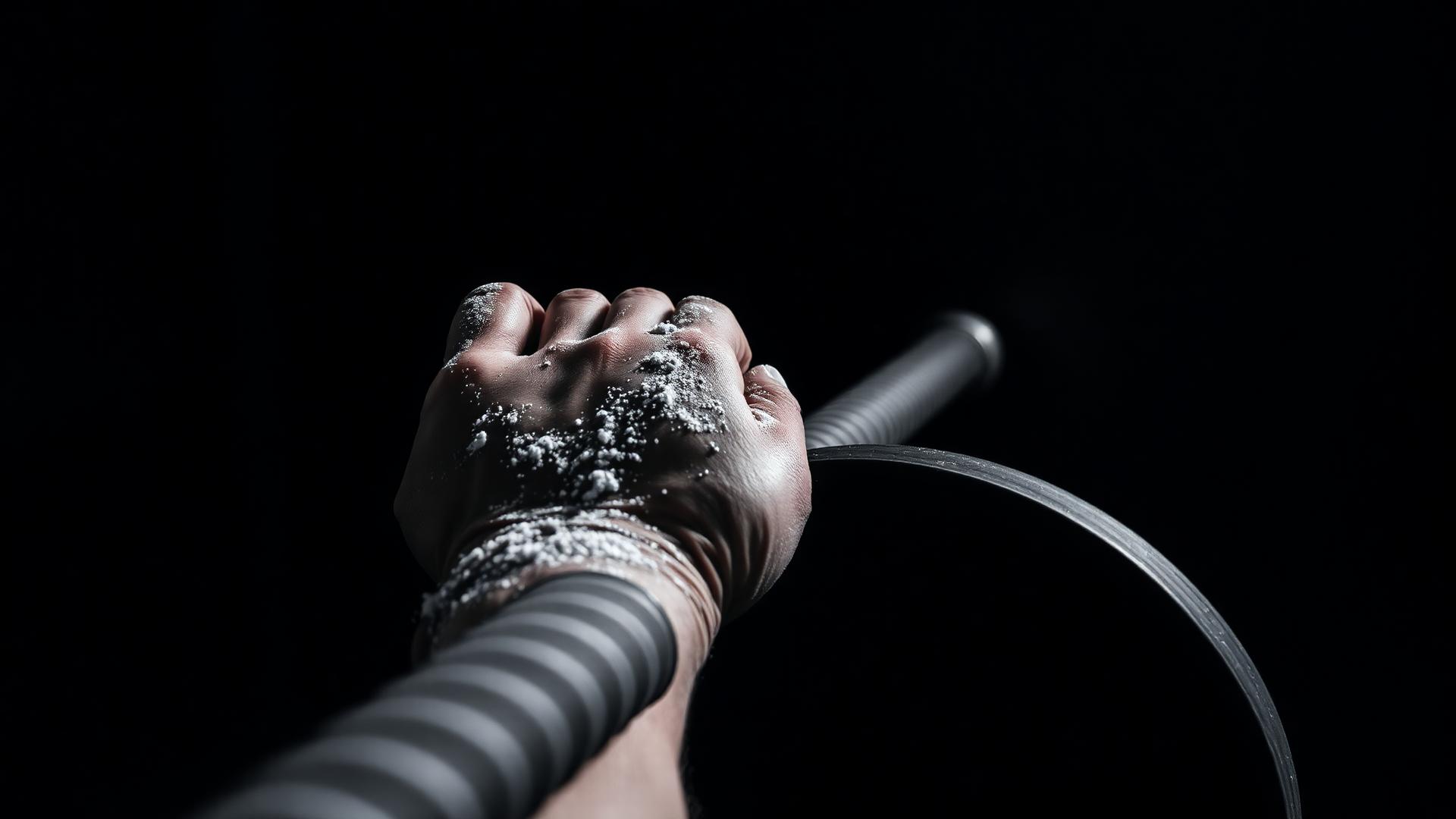 Chalked hands gripping a barbell in the gym